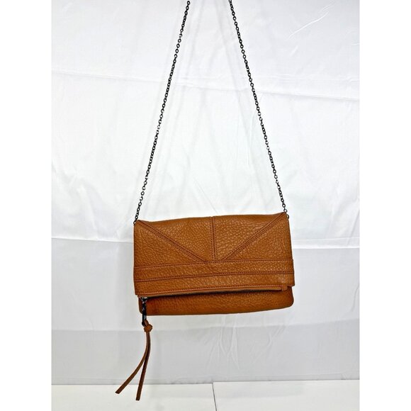 Modella Tan Faux Leather Foldover Clutch Crossbody Bag Chain Strap Purse - Picture 2 of 14